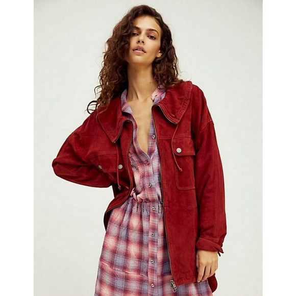 We The Free x Free People Oversized Red 100% Goat Suede Leather Brooklyn Jacket